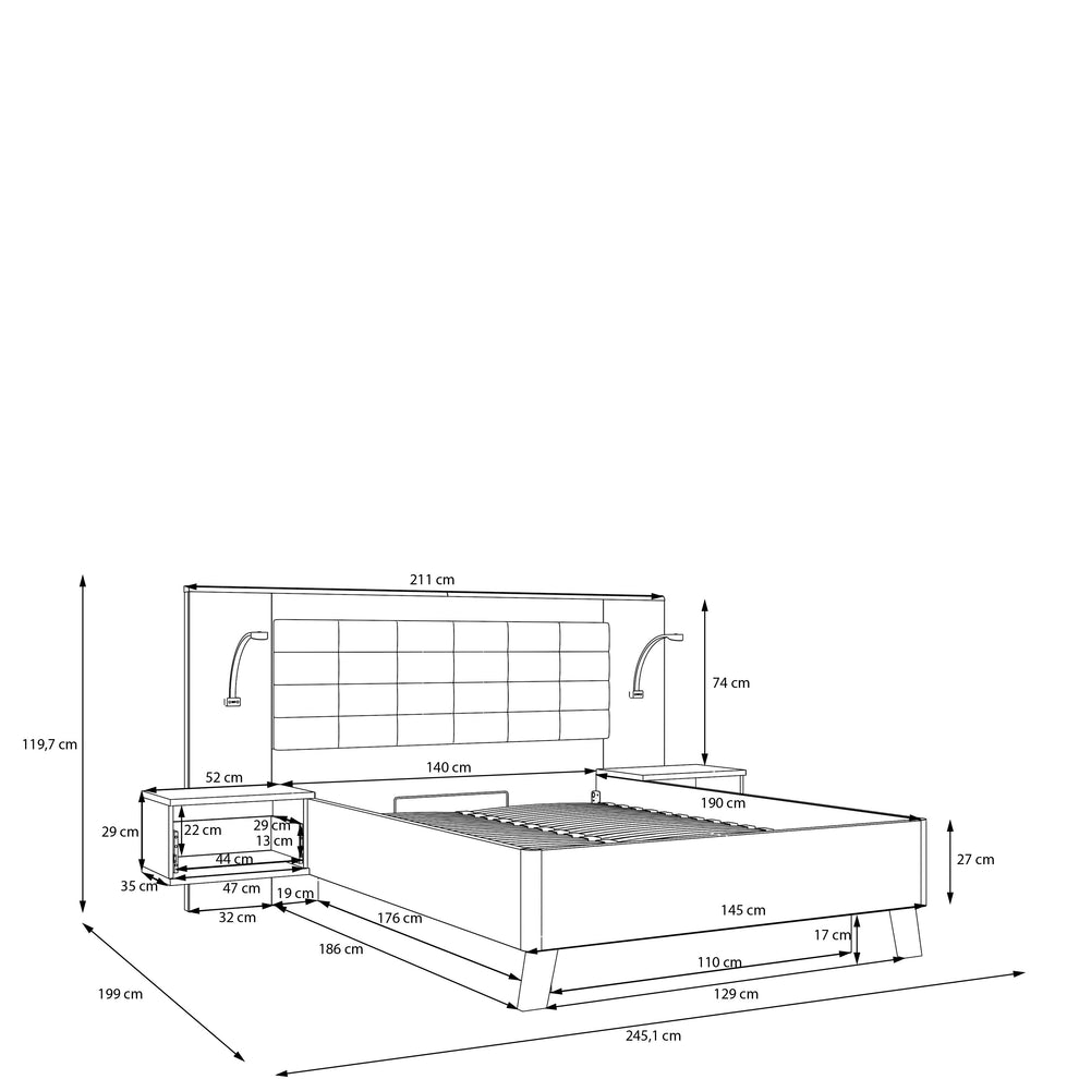 Pat Rocco, Dimensiune Saltea 140 x 190 Cm, Cu Noptiere Si Somiera Rabatabila, Stejar pardosit si nisip