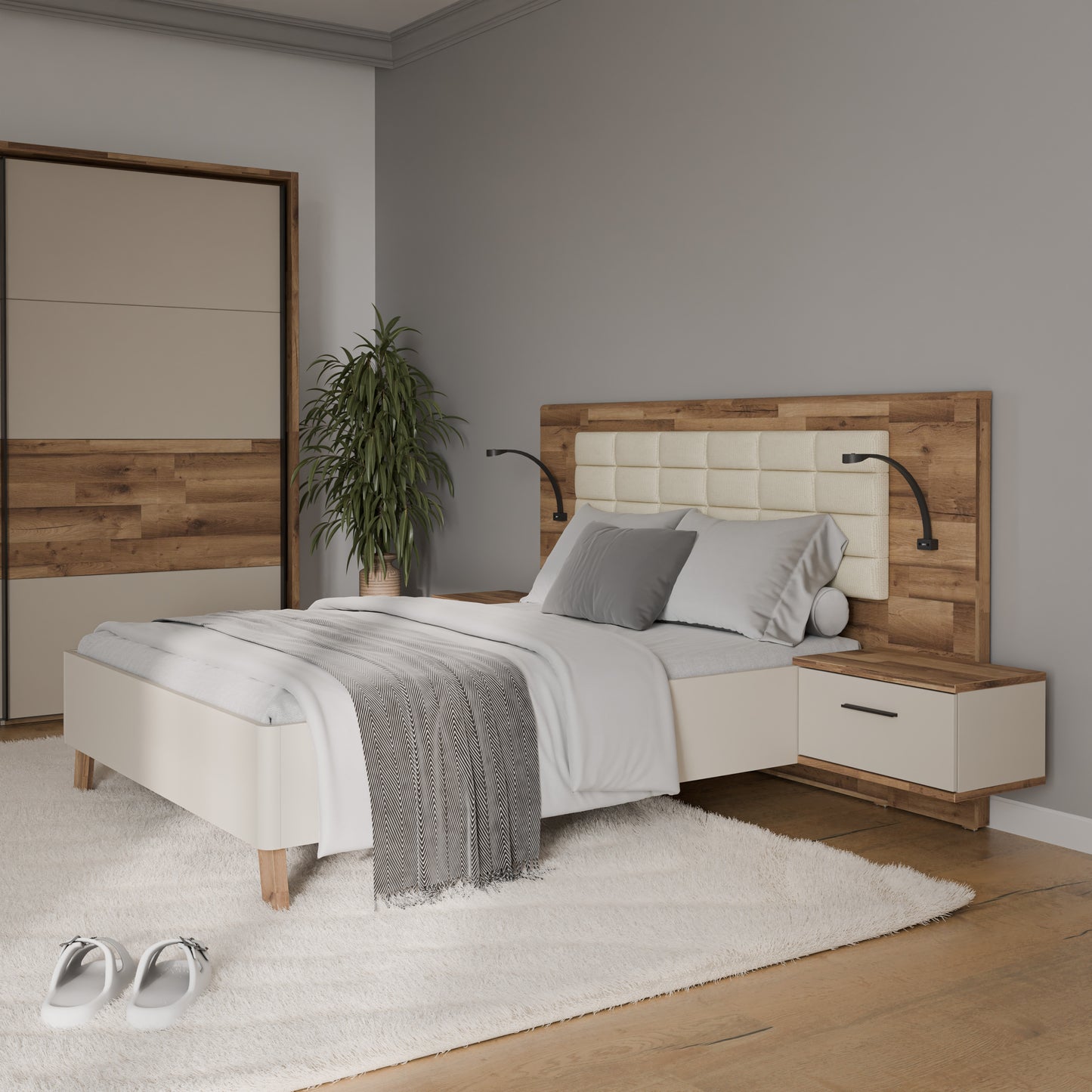 Pat Rocco, Dimensiune Saltea 140 x 190 Cm, Cu Noptiere, Stejar pardosit si nisip