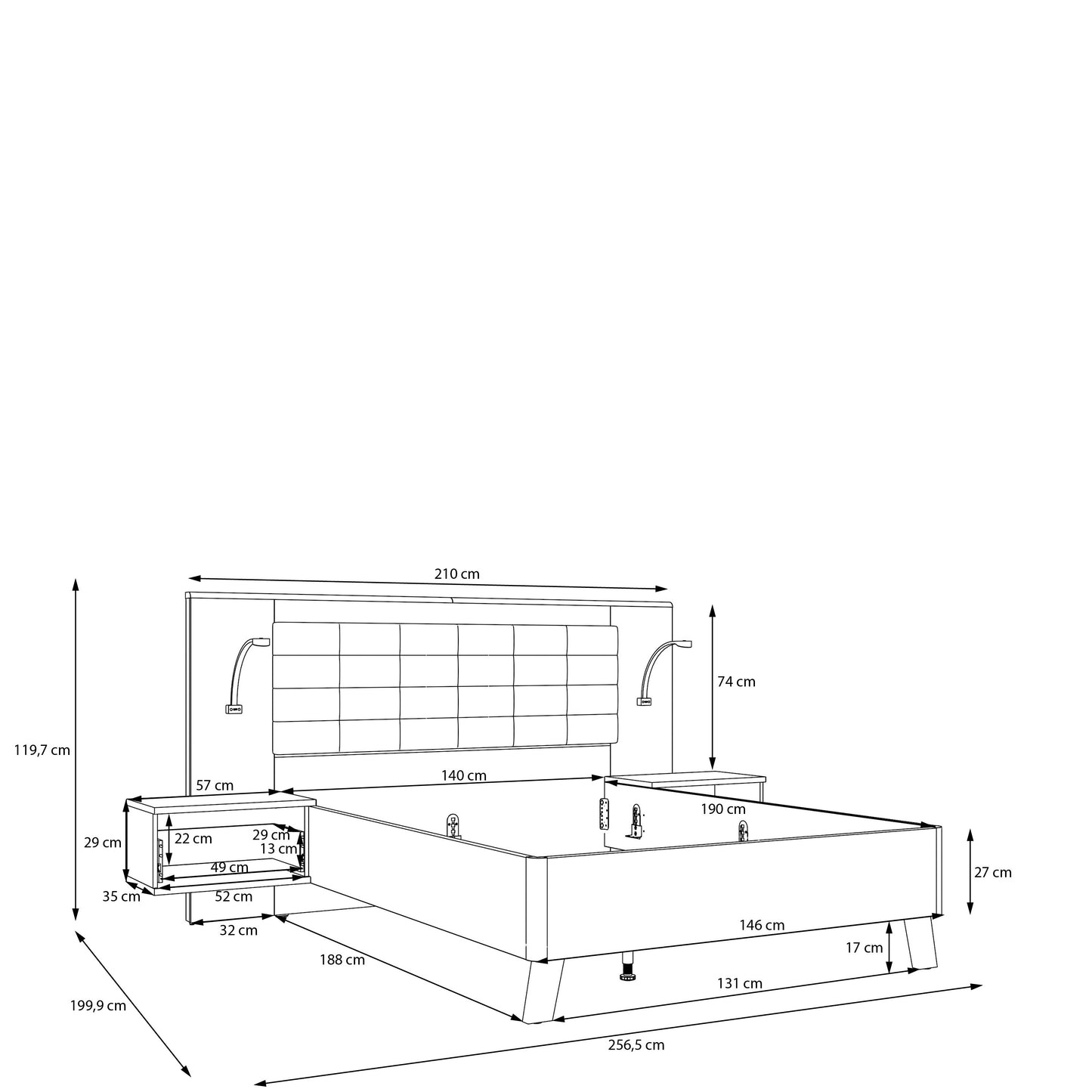 Pat Rocco, Dimensiune Saltea 140 x 190 Cm, Cu Noptiere, Stejar pardosit si nisip