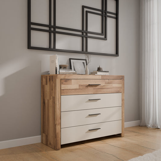 Comoda Cu 4 Sertare Rocco, Stejar pardosit si Nisip, 111 Cm