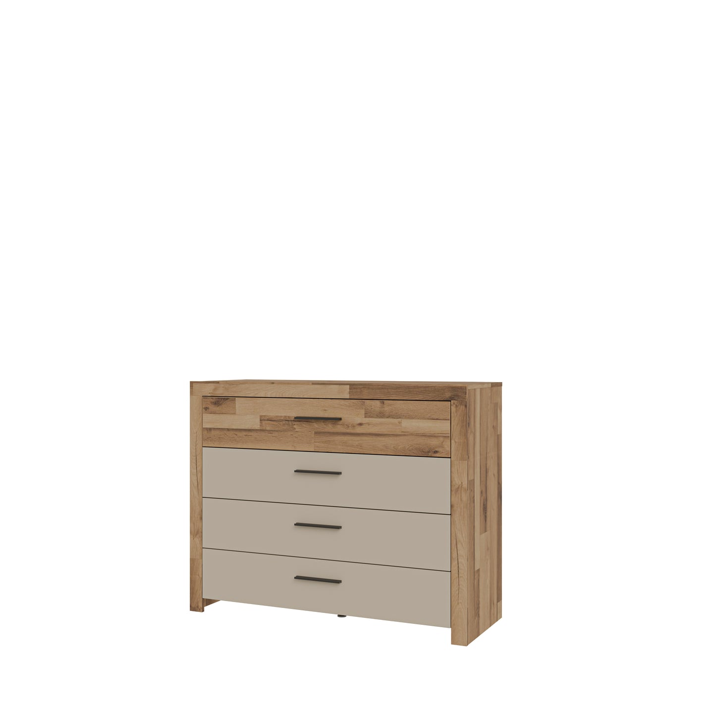 Comoda Cu 4 Sertare Rocco, Stejar pardosit si Nisip, 111 Cm