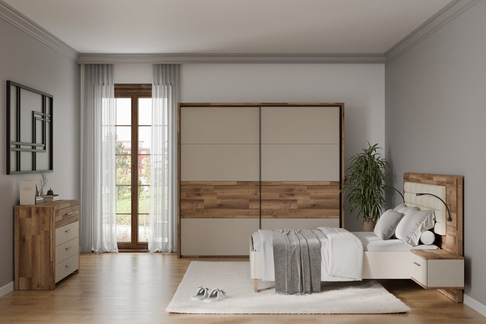 Pat Rocco, Dimensiune Saltea 140 x 190 Cm, Cu Noptiere, Stejar pardosit si nisip