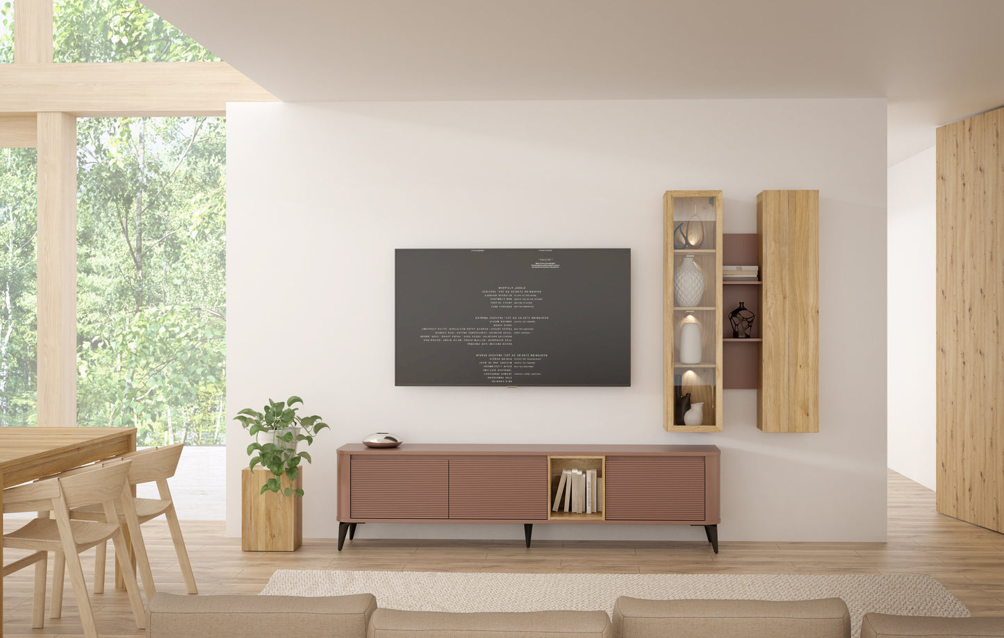 Comoda Tv Mare Bibliotheque, Terracotta si stejar Mauvella, 215 Cm