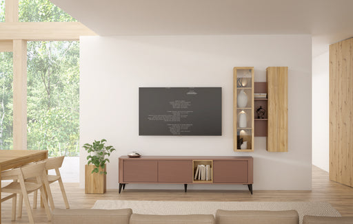 Vitrina Suspendata Bibliotheque, usi cu soft-close, Terracotta si stejar Mauvella, 84.2 Cm