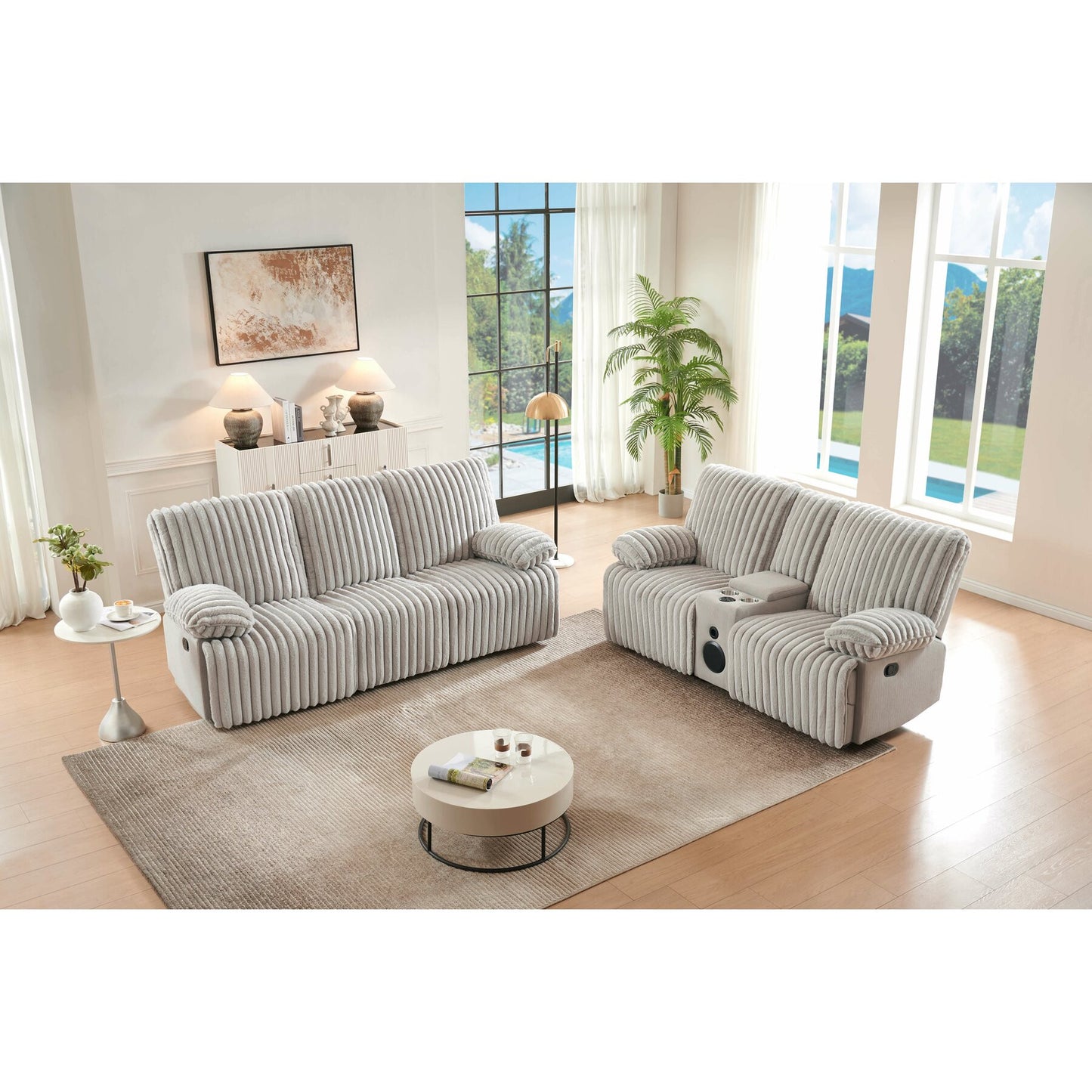 Canapea Siesta 3 Locuri, Recliner, Catifea Raiat Crem, 227 Cm