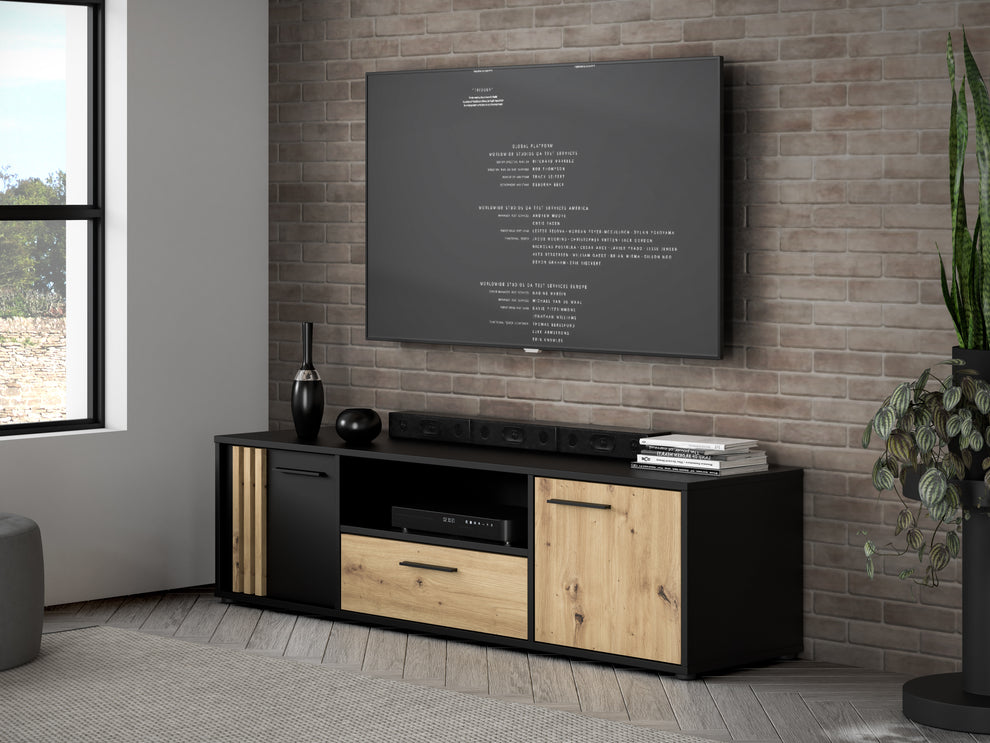 Comoda Tv Mare Cordega, Negru Si stejar Artisan, 162.6 Cm
