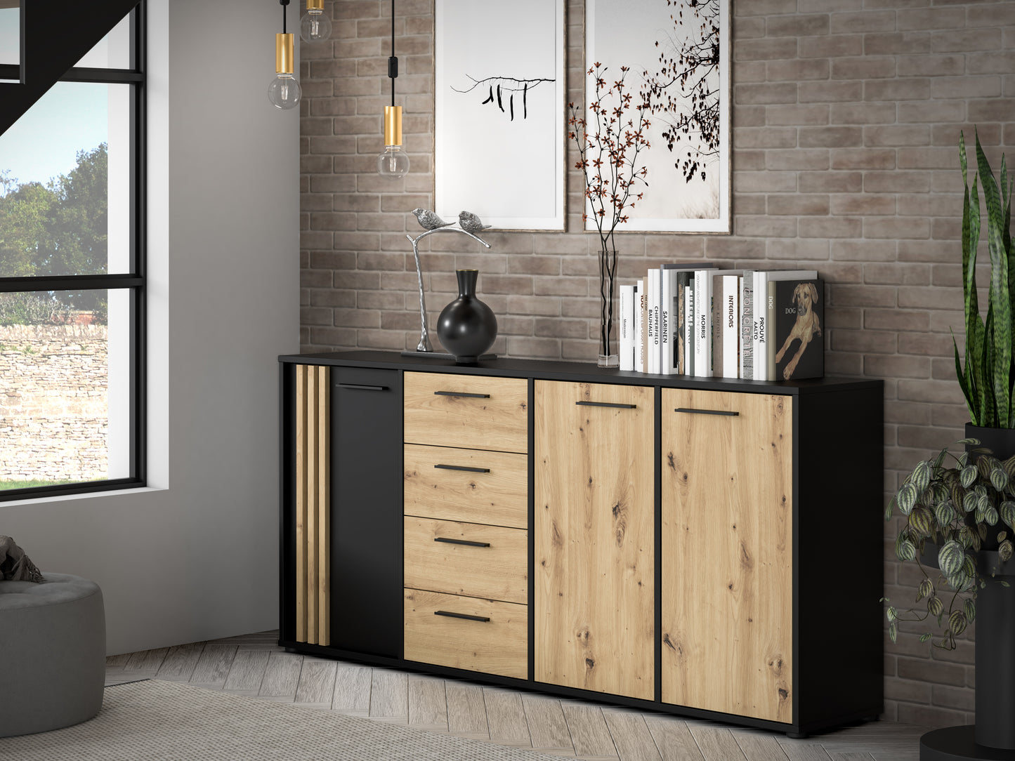 Comoda 3 Usi Si 4 Sertare Cordega Negru Si Stejar Artisan, 179.4 Cm