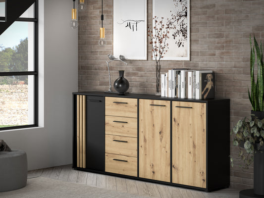 Comoda 3 Usi Si 4 Sertare Cordega Negru Si Stejar Artisan, 179.4 Cm
