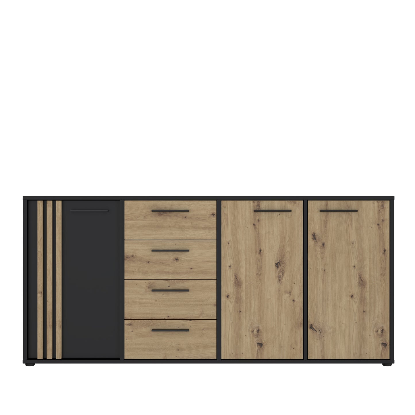 Comoda 3 Usi Si 4 Sertare Cordega Negru Si Stejar Artisan, 179.4 Cm