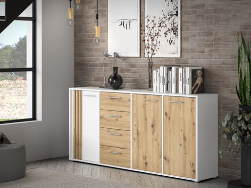 Comoda 3 Usi Si 4 Sertare Cordega Alb Si Stejar Artisan, 179.4 Cm