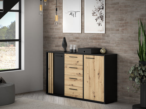 Comoda 2 Usi Si 4 Sertare Cordega Negru Si Stejar Artisan, 142.6 Cm