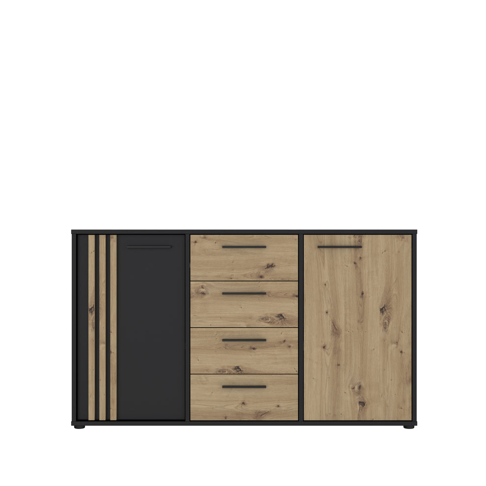 Comoda 2 Usi Si 4 Sertare Cordega Negru Si Stejar Artisan, 142.6 Cm