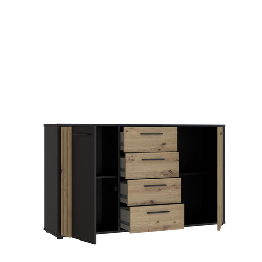 Comoda 2 Usi Si 4 Sertare Cordega Negru Si Stejar Artisan, 142.6 Cm
