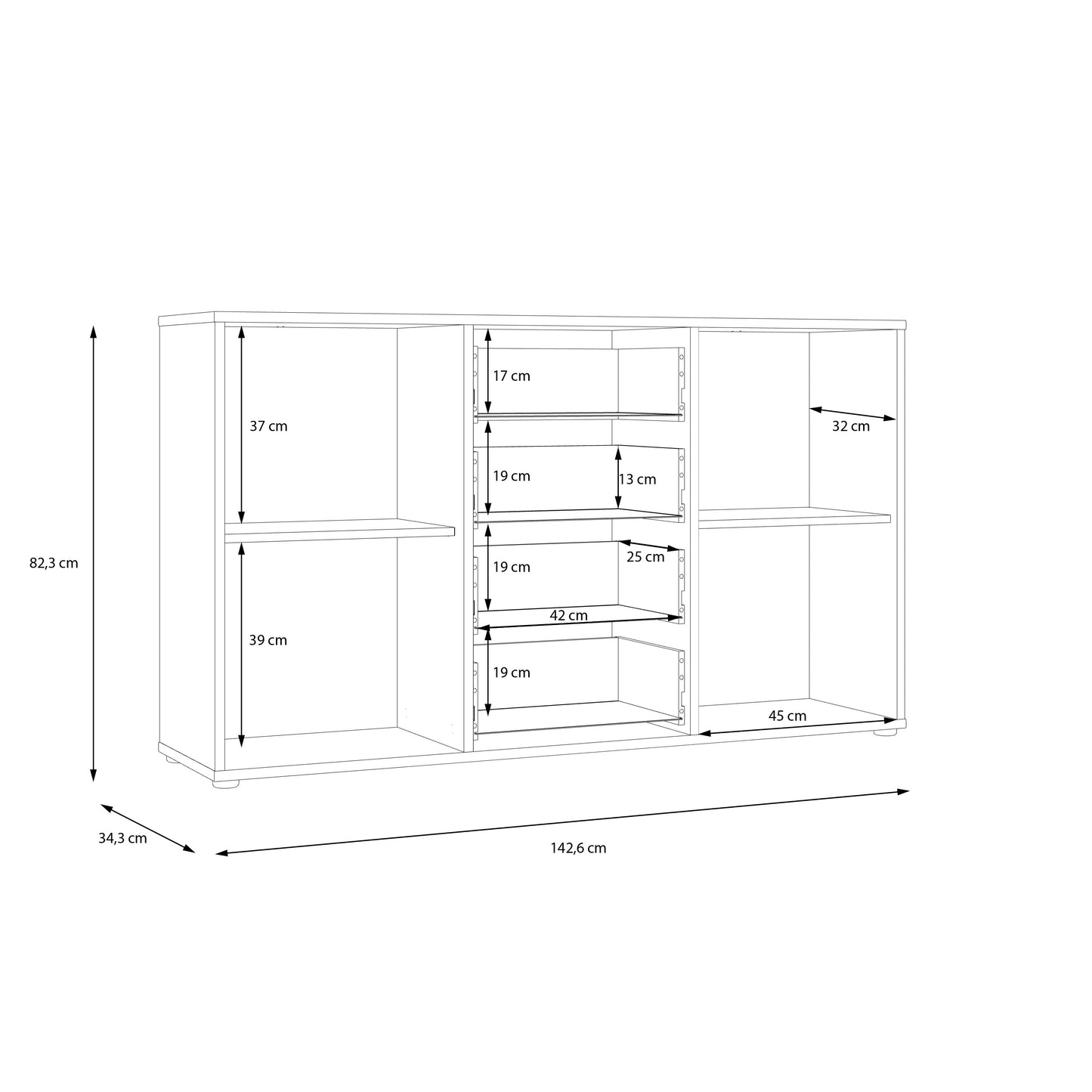 Comoda 2 Usi Si 4 Sertare Cordega  Alb Si Stejar Artisan, 142.6 Cm