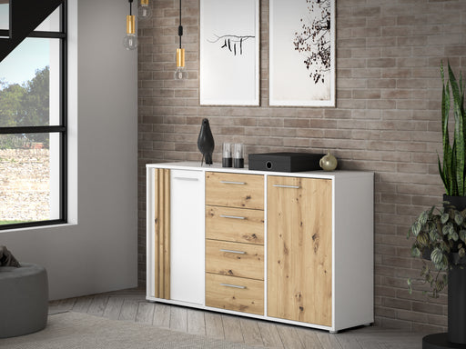 Comoda 2 Usi Si 4 Sertare Cordega  Alb Si Stejar Artisan, 142.6 Cm