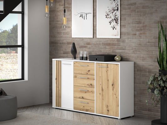 Comoda 2 Usi Si 4 Sertare Cordega  Alb Si Stejar Artisan, 142.6 Cm