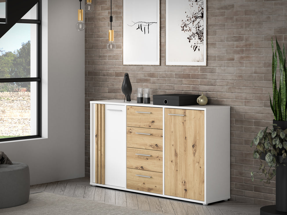 Comoda 2 Usi Si 4 Sertare Cordega  Alb Si Stejar Artisan, 142.6 Cm