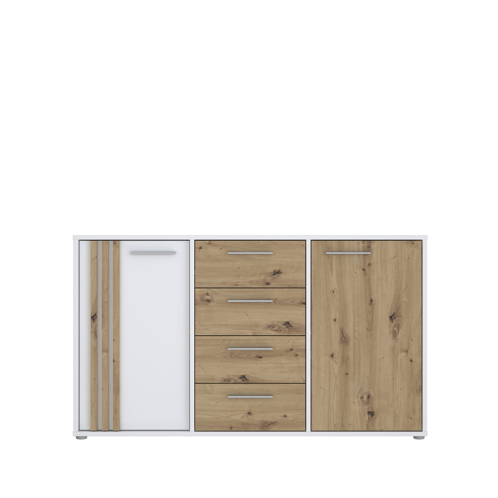 Comoda 2 Usi Si 4 Sertare Cordega  Alb Si Stejar Artisan, 142.6 Cm