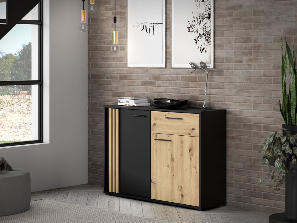 Comoda 2 Usi Si 1 Sertar Cordega Negru Si Stejar Artisan, 115.8 Cm