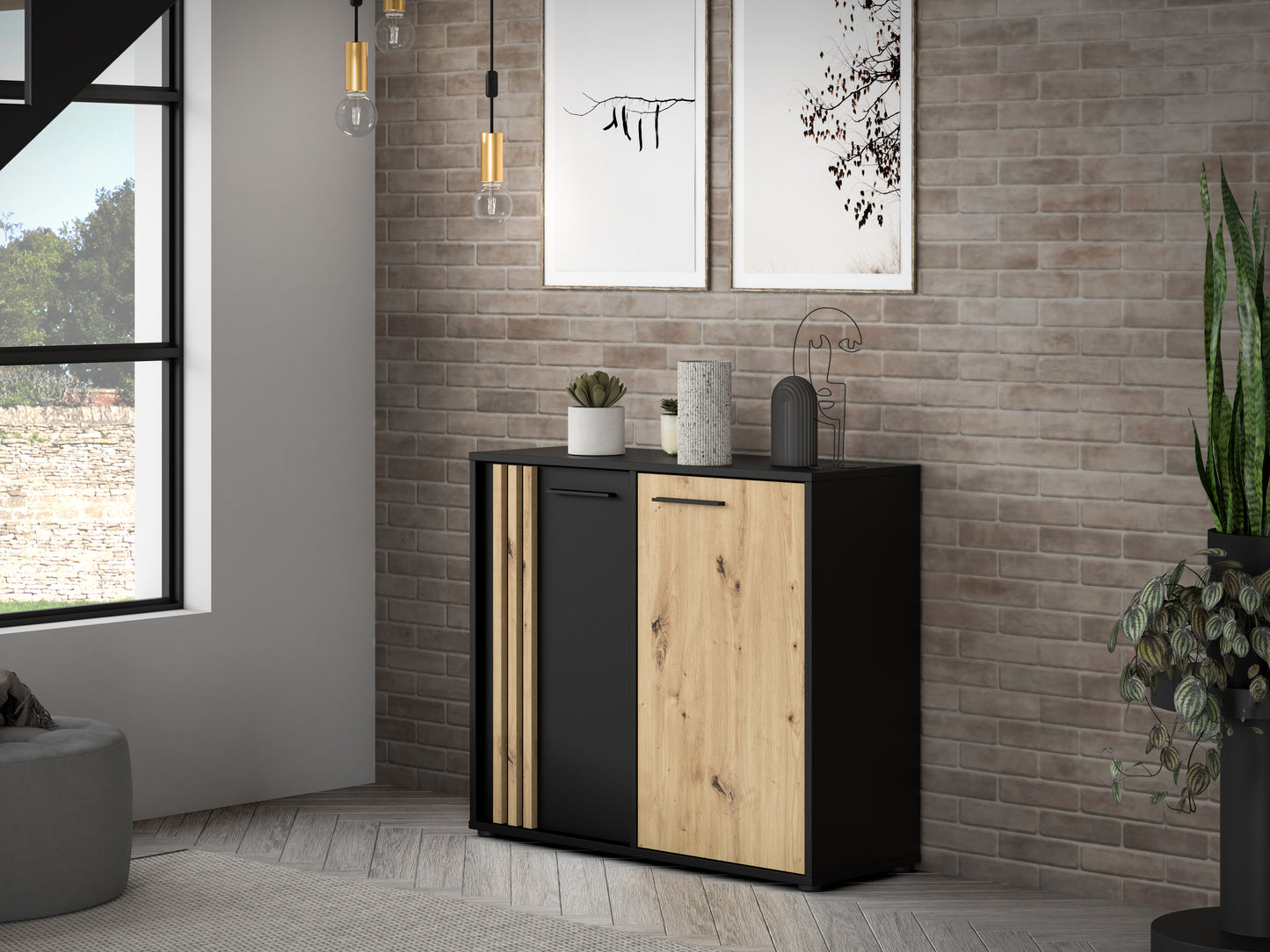 Comoda 2 Usi Cordega Negru Si Stejar Artisan, 95.8 Cm