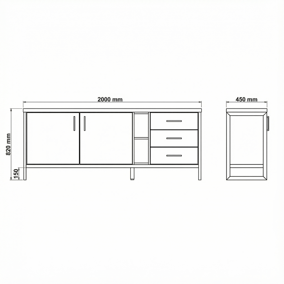 Bufet Cu 2 Usi Si 3 Sertare Reno Smoked Oak, Furnir Din Lemn Masiv, 200 Cm