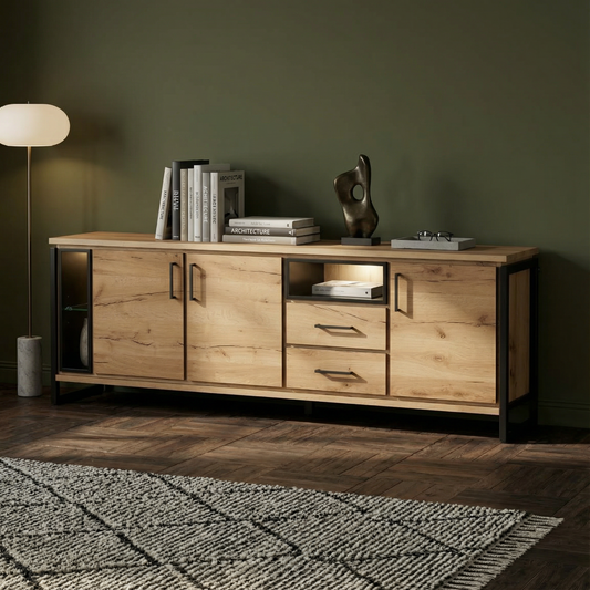 Bufet Reno 235.1x45x82 cm, Furnir Lemn Stejar Afumat si Negru, Mobila Sufragerie, 3 Usi 2 Sertare, Inchidere Silentioasa