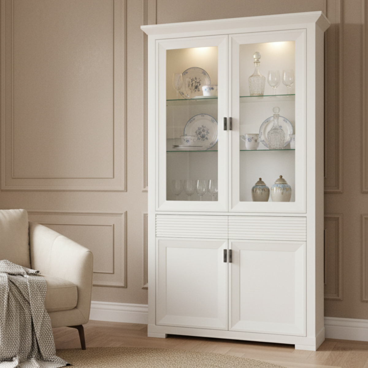 Vitrina Cu 4 Usi Si 1 Sertar Verona Bianco Alb, 112 Cm