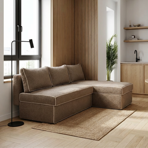 Coltar Extensibil Cu Lada New Modulo, Interschimbabil Stanga/Dreapta, Bej inchis Boucle, 220 X 80 X 155 Cm