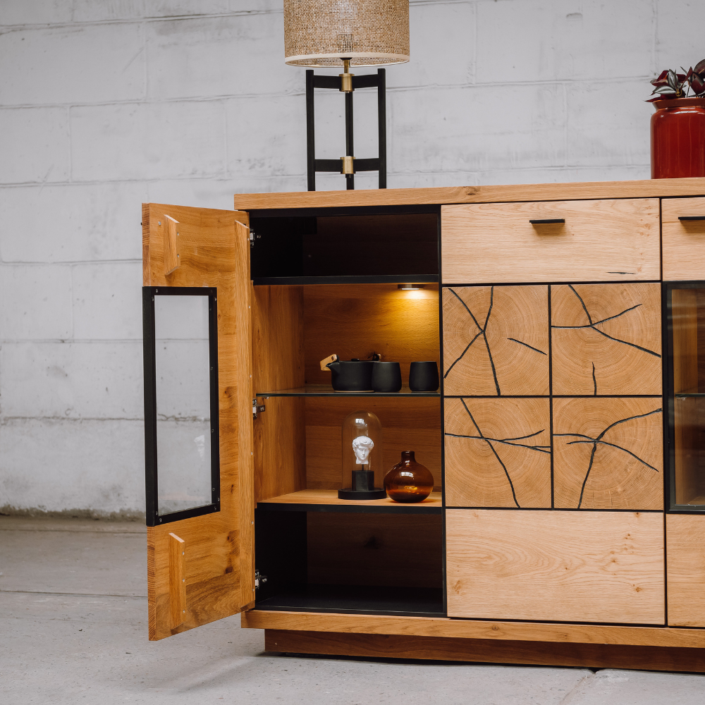 Comoda Bar Dakota Lungime 151.6 cm, Furnir Stejar Salbatic, Living, Decor Usi din Trunchi Natural, Inchidere Silentioasa