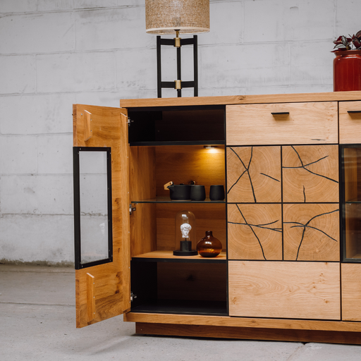 Comoda Bar Dakota Lungime 151.6 cm, Furnir Stejar Salbatic, Living, Decor Usi din Trunchi Natural, Inchidere Silentioasa