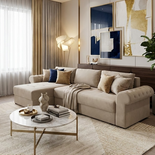 Coltar Extensibil Stanga Trendy, 5 Locuri, Lada Depozitare, Crem, 275 Cm