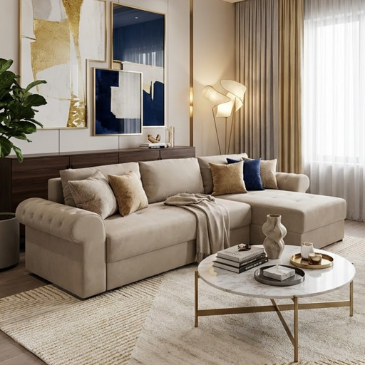 Coltar Extensibil Dreapta Trendy, 5 Locuri, Lada Depozitare, Crem, 275 Cm
