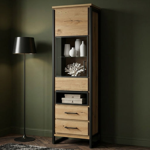 Vitrina Stanga Reno Cu 1 Usa Si 2 Sertare, Smoked Oak, 60 Cm