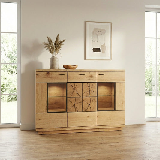 Comoda Bar Dakota Lungime 151.6 cm, Furnir Stejar Salbatic, Living, Decor Usi din Trunchi Natural, Inchidere Silentioasa