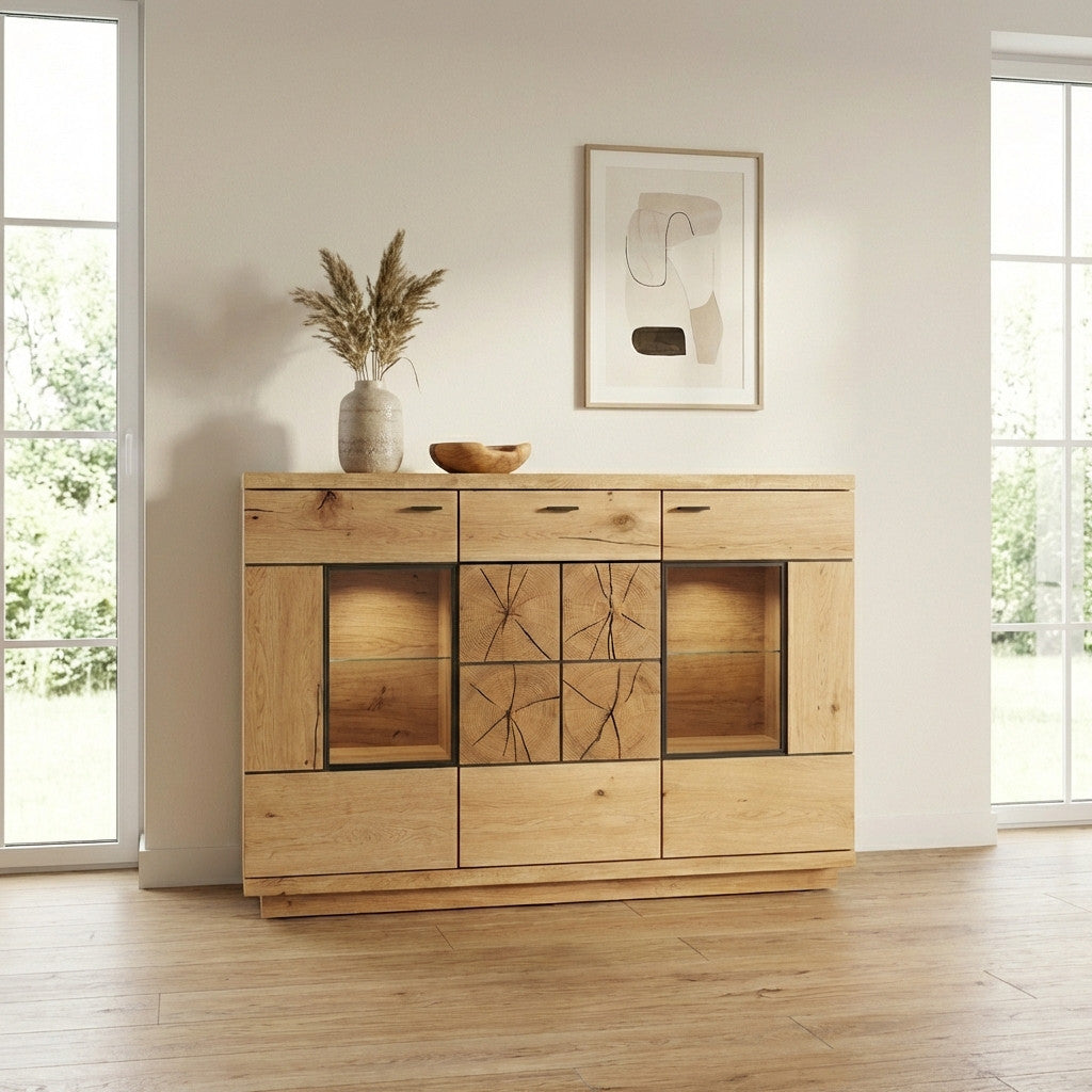 Comoda Bar Dakota Lungime 151.6 cm, Furnir Stejar Salbatic, Living, Decor Usi din Trunchi Natural, Inchidere Silentioasa