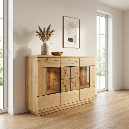 Comoda Bar Dakota Lungime 151.6 cm, Furnir Stejar Salbatic, Living, Decor Usi din Trunchi Natural, Inchidere Silentioasa