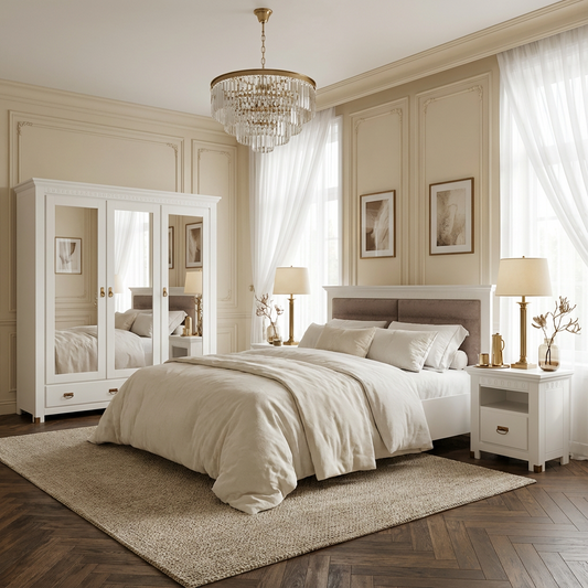 Set Dormitor Saint Tropez, Vopsit Alb, Dulap De 207.8 Cm, 2 Noptiere, 160 x 200 cm #variant:160-x-200-cm