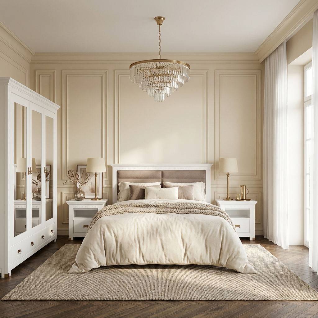 Set Dormitor Saint Tropez, Pat Cu Dimensiune Saltea 160 X 200, Dulap De 207.8 Cm, 2 Noptiere, Vopsit Alb