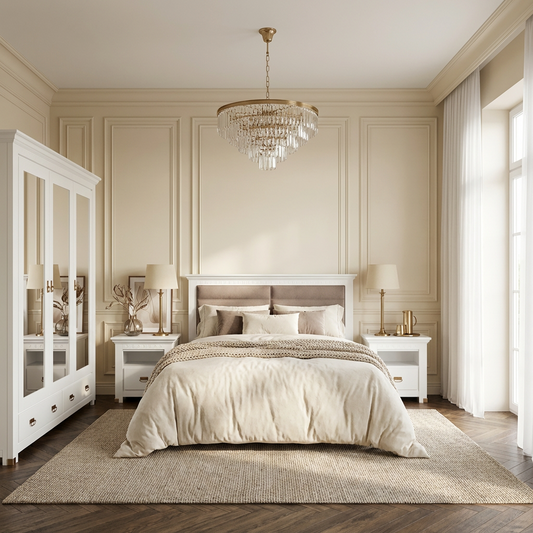 Set Dormitor Saint Tropez, Pat Cu Dimensiune Saltea 180 X 200, Dulap De 207.8 Cm, 2 Noptiere, Vopsit Alb