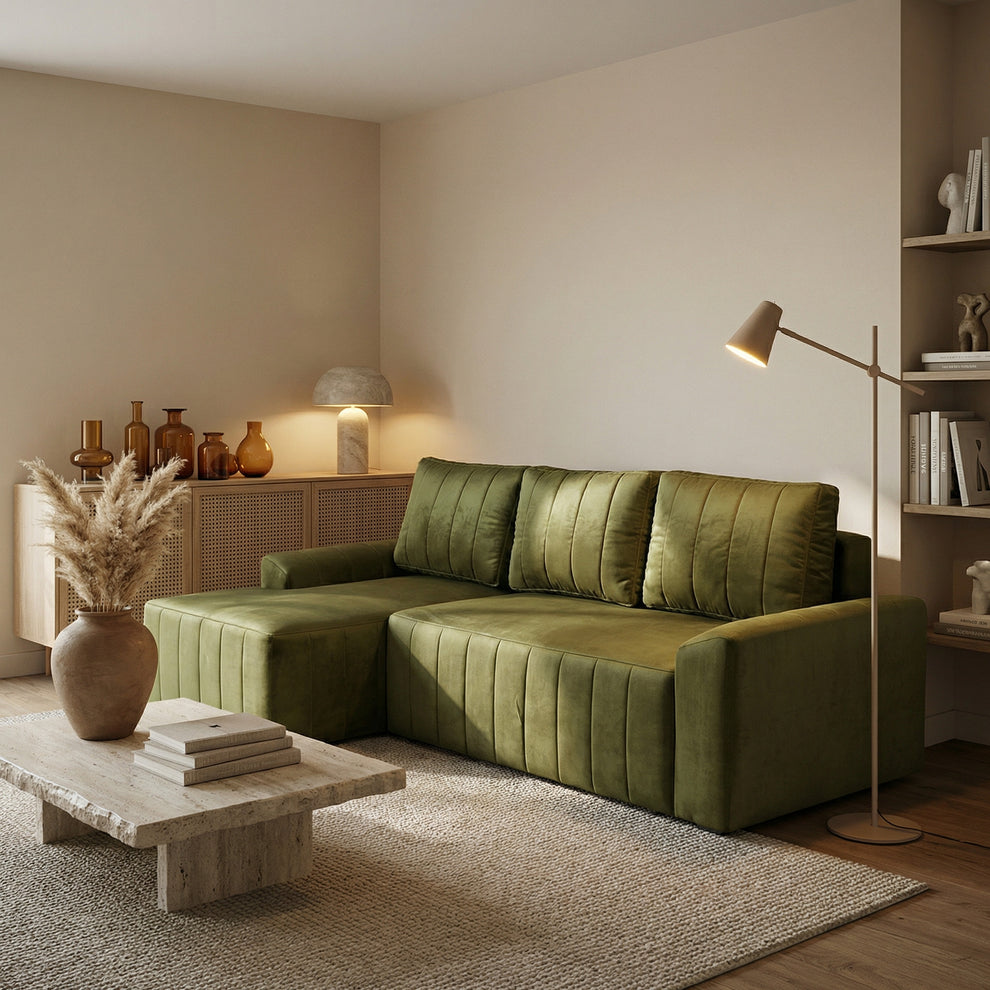 Coltar Extensibil Stanga Mark, 4 Locuri, Lada Depozitare, Verde Olive, 240 Cm