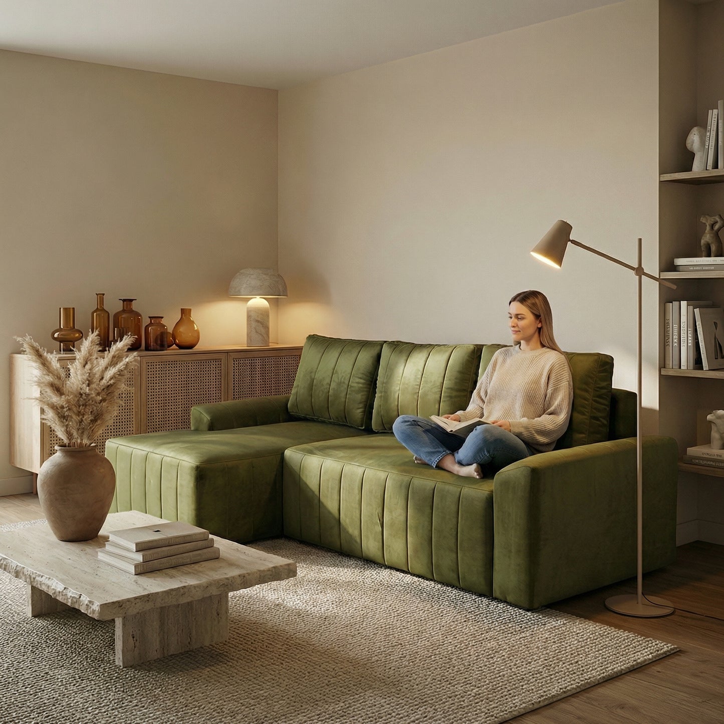 Coltar Extensibil Stanga Mark, 4 Locuri, Lada Depozitare, Verde Olive, 240 Cm