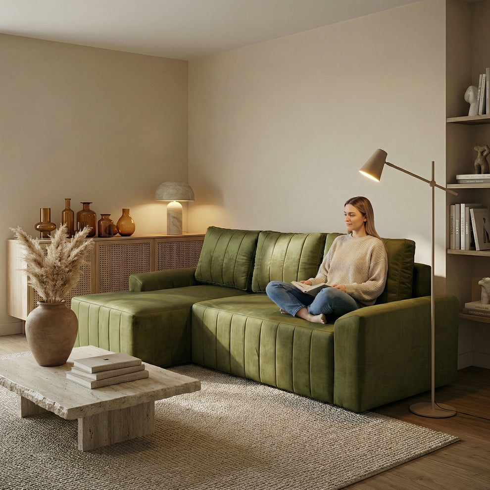 Coltar Extensibil Stanga Mark, 4 Locuri, Lada Depozitare, Verde Olive, 240 Cm