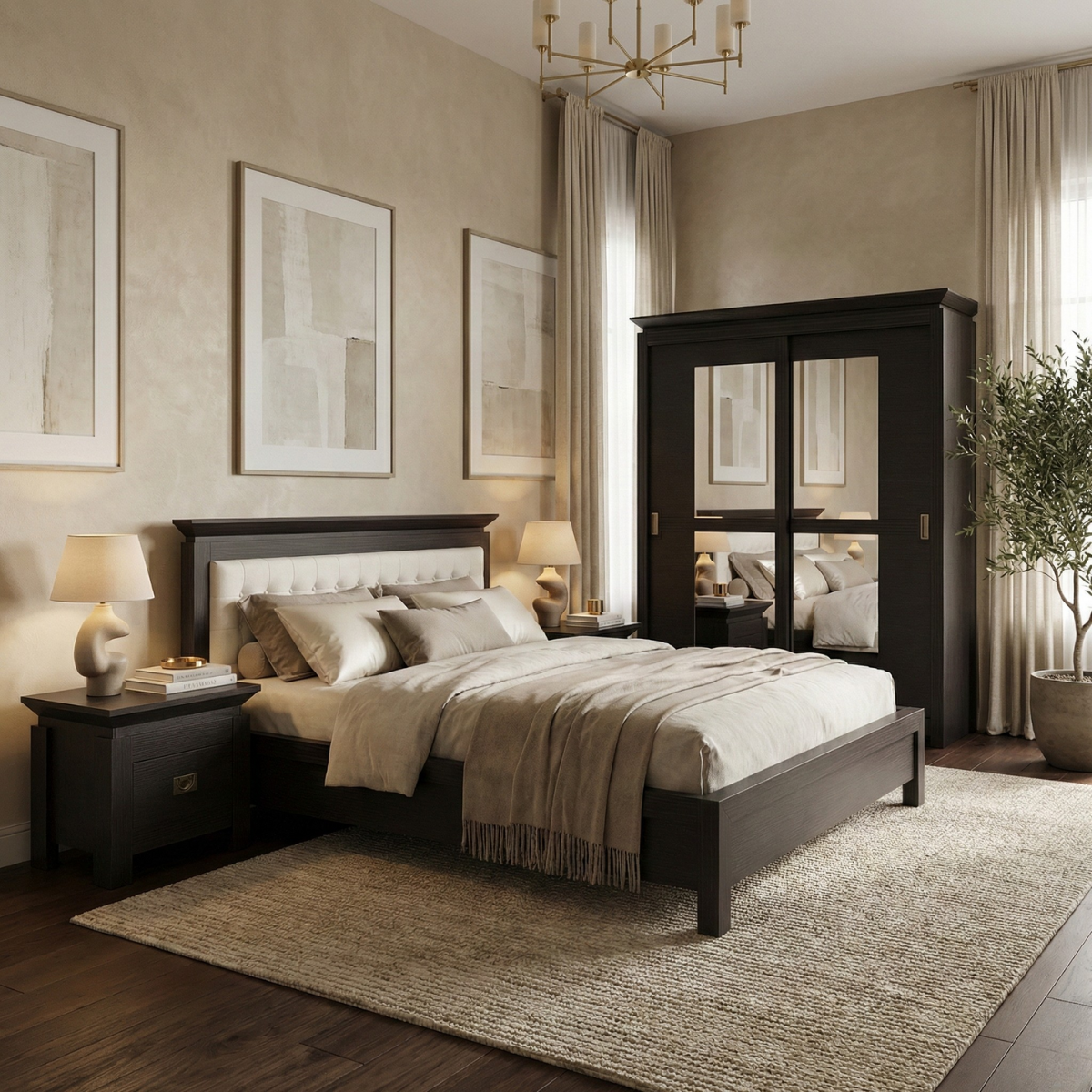 Set Dormitor Saigon Cantori, Pat Cu Dimensiune Saltea 180 X 200, Dulap De 150 Cm, 2 Noptiere