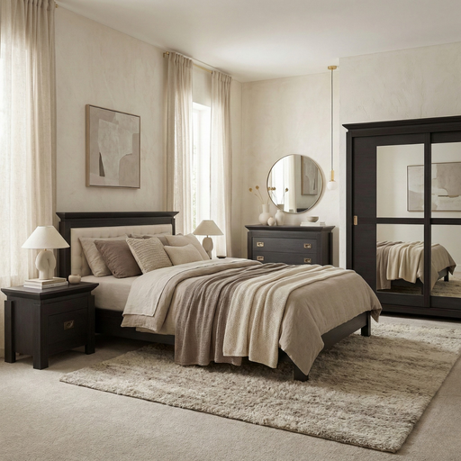 Set Dormitor Saigon Cantori, Pat Cu Dimensiune Saltea 180 X 200, Dulap De 210 Cm, 2 Noptiere