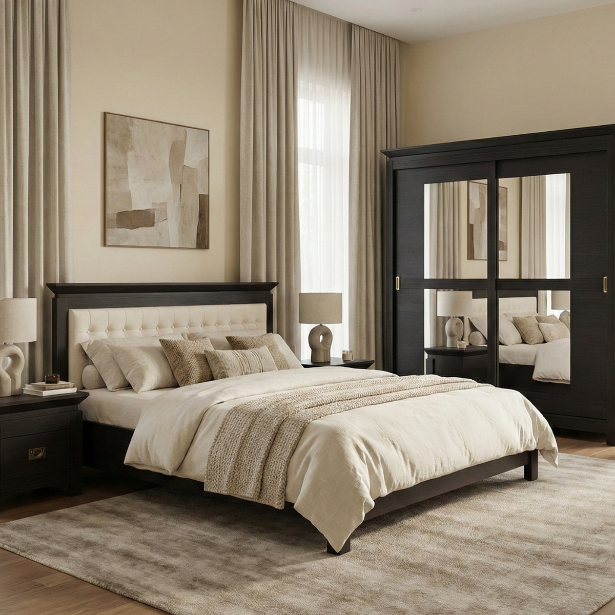 Set Dormitor Saigon Cantori, Pat Cu Dimensiune Saltea 180 X 200, Dulap De 210 Cm, 2 Noptiere