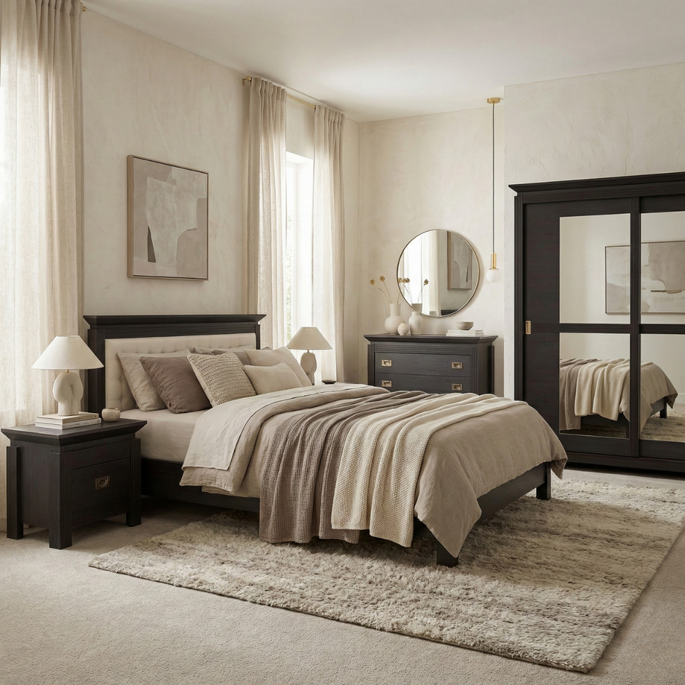 Set Dormitor Saigon Cantori, Pat Cu Dimensiune Saltea 140 X 200, Dulap De 210 Cm, 2 Noptiere