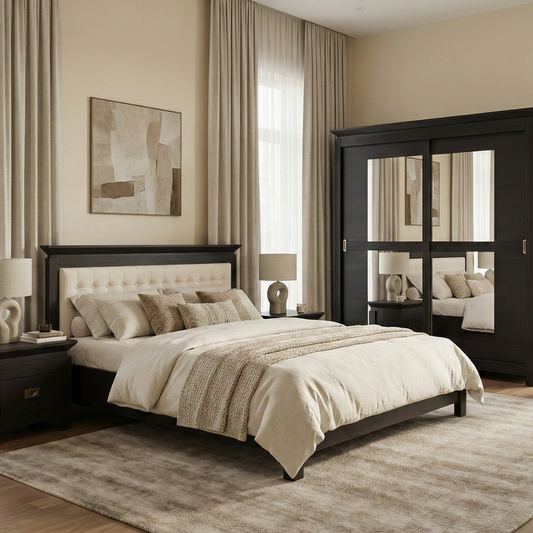 Set Dormitor Saigon Cantori, Pat Cu Dimensiune Saltea 140 X 200, Dulap De 210 Cm, 2 Noptiere