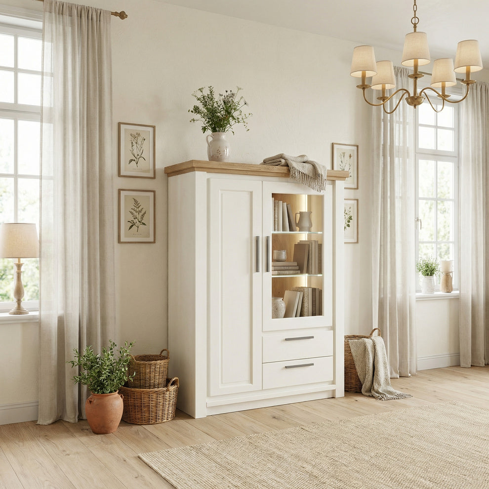 Comoda Bar Cu 2 Usi Si 2 Sertare Thuxon Alb, Vopsit Si Furniruit Stejar, 106.9 Cm