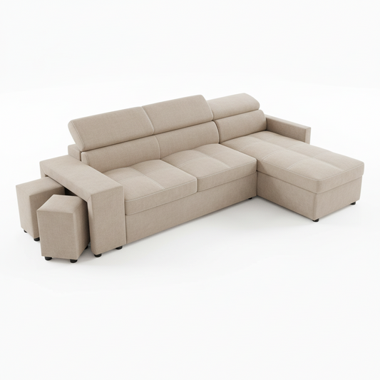 Coltar Extensibil Cu Insula Ventotene, 5 Locuri, Taburete Integrate, Lada Depozitare, Bej, 269 Cm