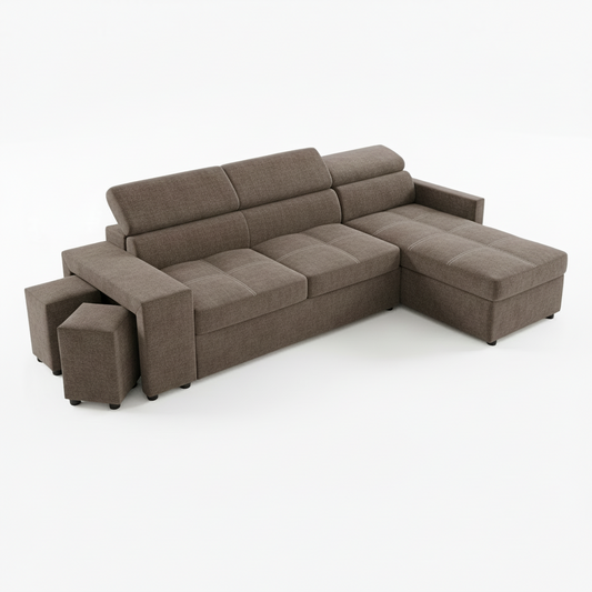 Coltar Extensibil Cu Insula Ventotene, 5 Locuri, Taburete Integrate, Lada Depozitare, Taupe, 269 Cm